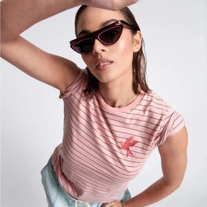 One Teaspoon NWT Bower Bird Embroidered Logo Tee in Pink Stripe XXS